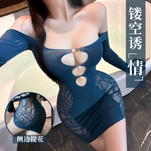 霏慕 – 典雅曲線款 水月明珠網眼修身包臀情趣裙【孔雀蓝】
