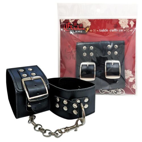 日本MERCI - 激感FLAME 高級漆黑皮革足枷 [附可拆鏈條]
