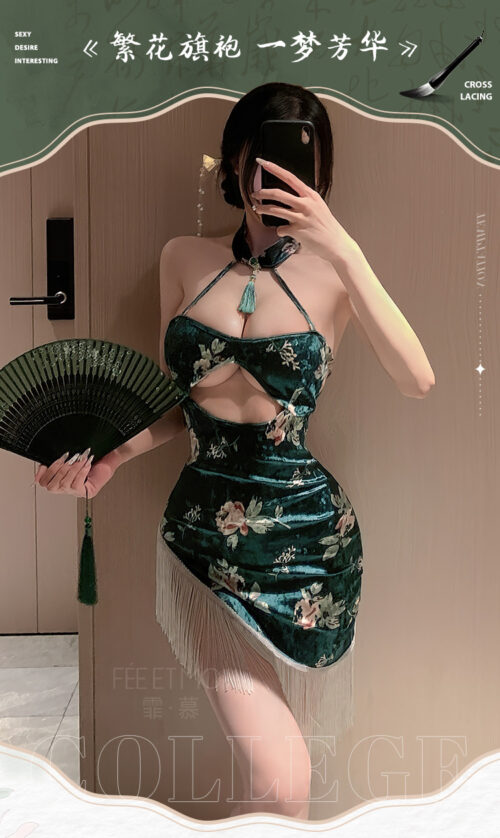 中国霏慕 - 人间富贵花印花丝绒旗袍 均码